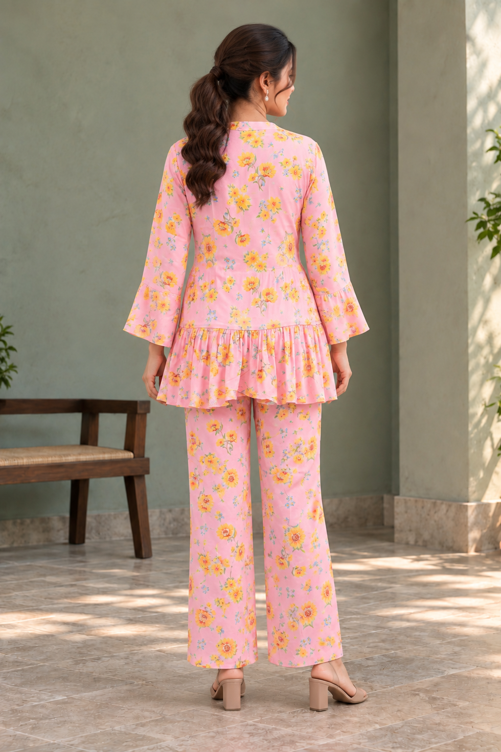 Pink Floral Printed Peplum Top with Palazzo Co-ord Set - View 3