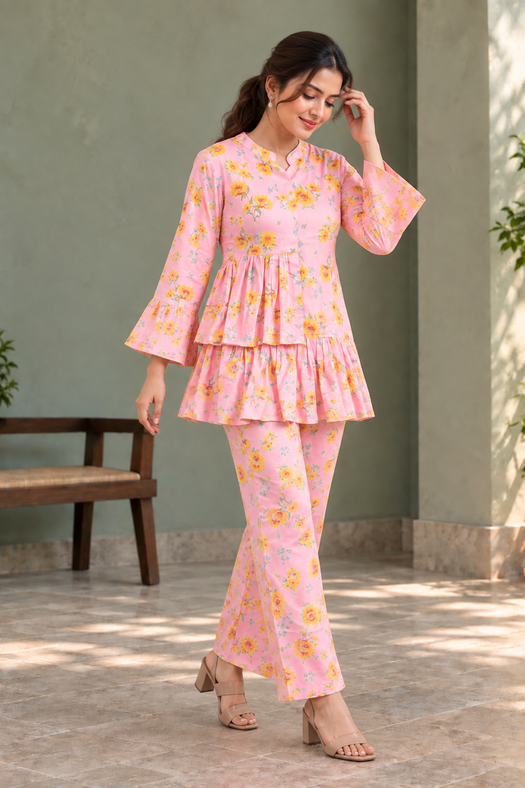 Pink Floral Printed Peplum Top with Palazzo Co-ord Set - View 4