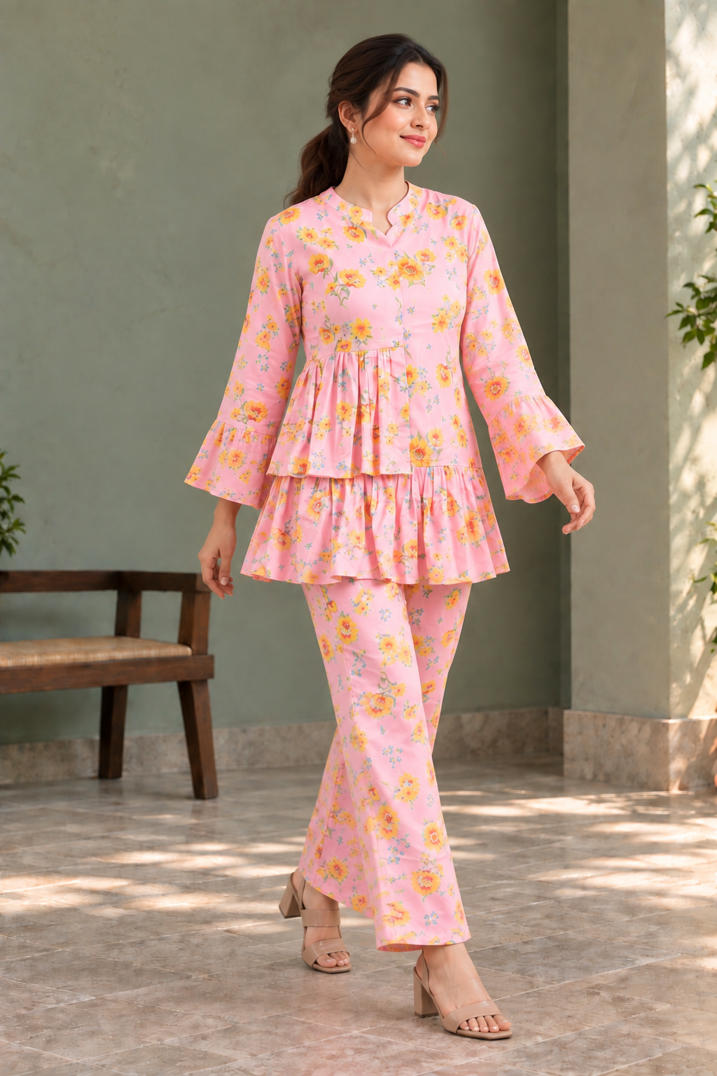Pink Floral Printed Peplum Top with Palazzo Co-ord Set - View 5