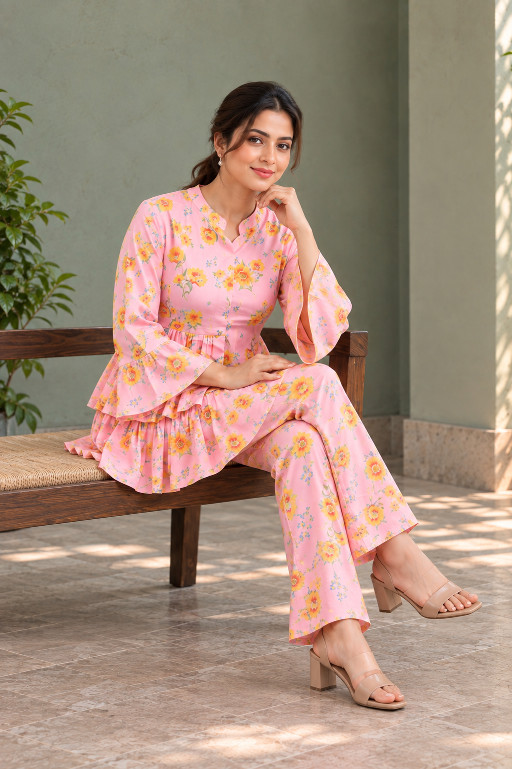Pink Floral Printed Peplum Top with Palazzo Co-ord Set - View 6