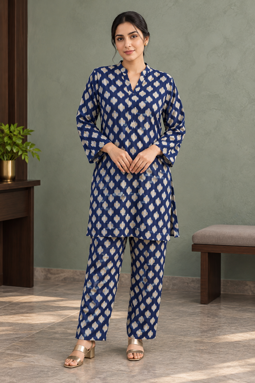 VedAarna Women Navy Blue Ethnic Motif Printed Tunic & Trouser Co-ord Set