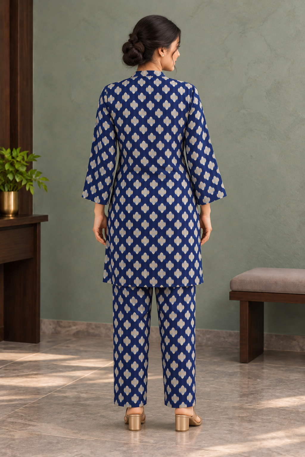 Navy Blue Ethnic Motif Printed Tunic & Trouser Co-ord Set - View 3