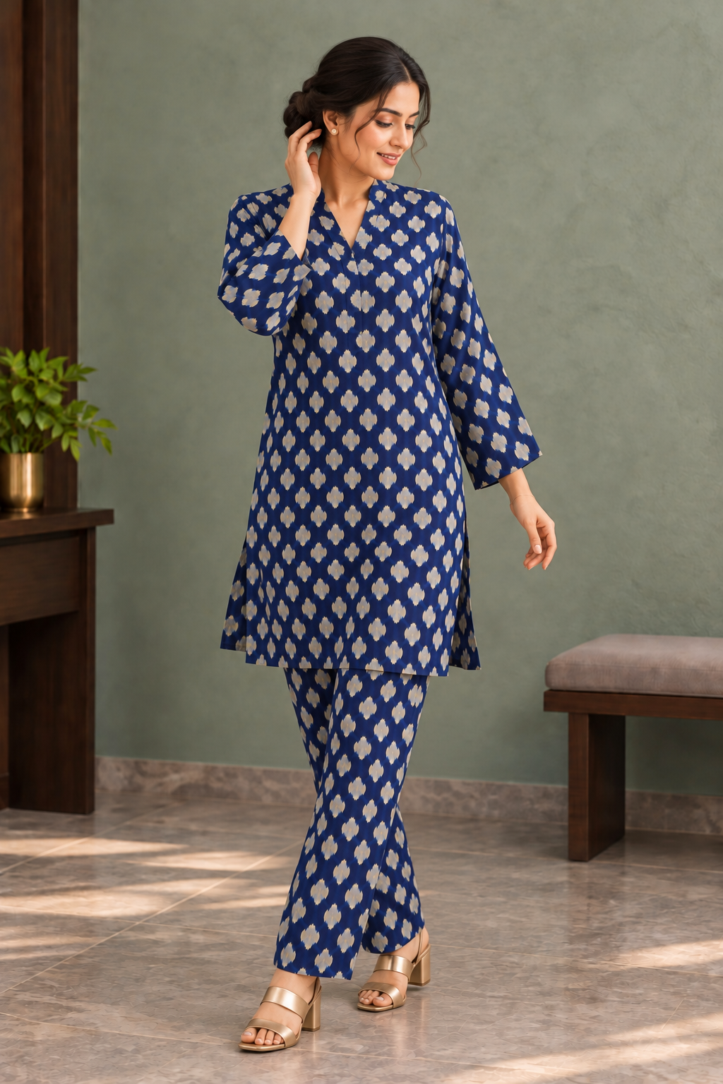 Navy Blue Ethnic Motif Printed Tunic & Trouser Co-ord Set - View 4