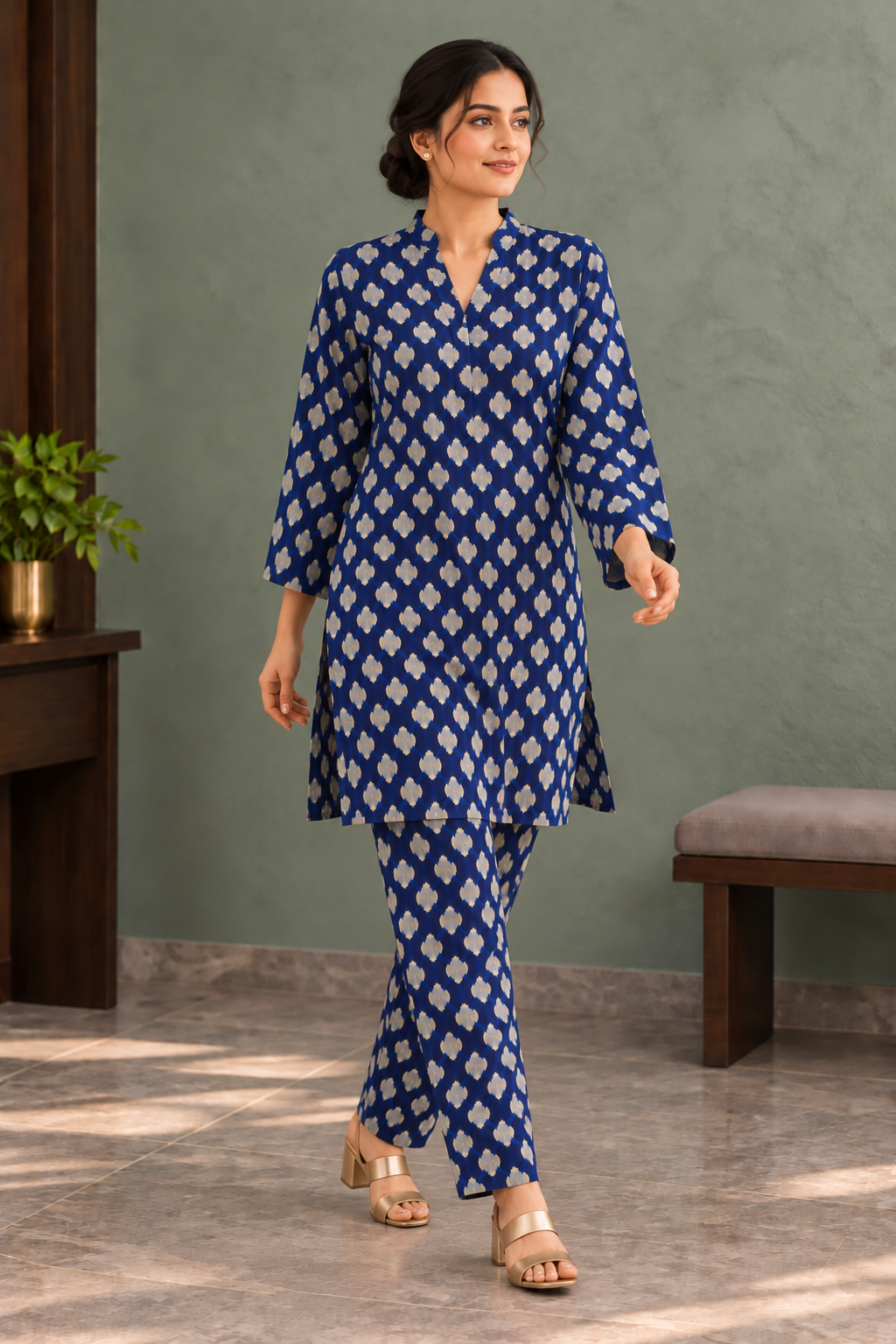 Navy Blue Ethnic Motif Printed Tunic & Trouser Co-ord Set - View 5