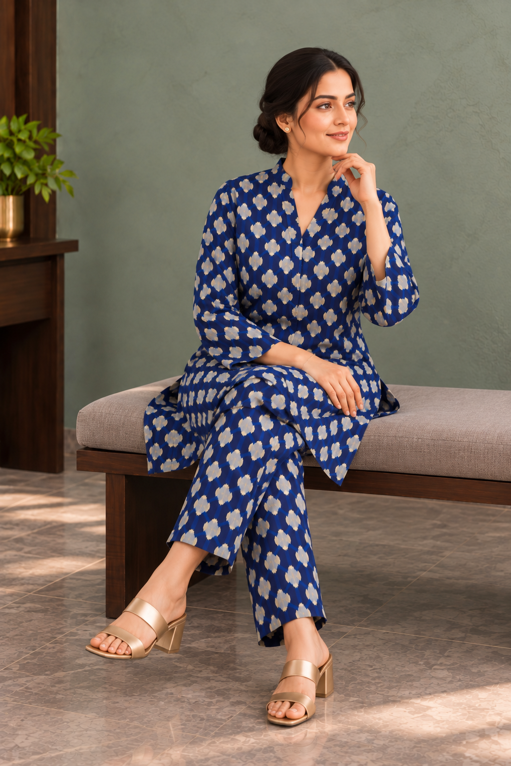 Navy Blue Ethnic Motif Printed Tunic & Trouser Co-ord Set - View 6