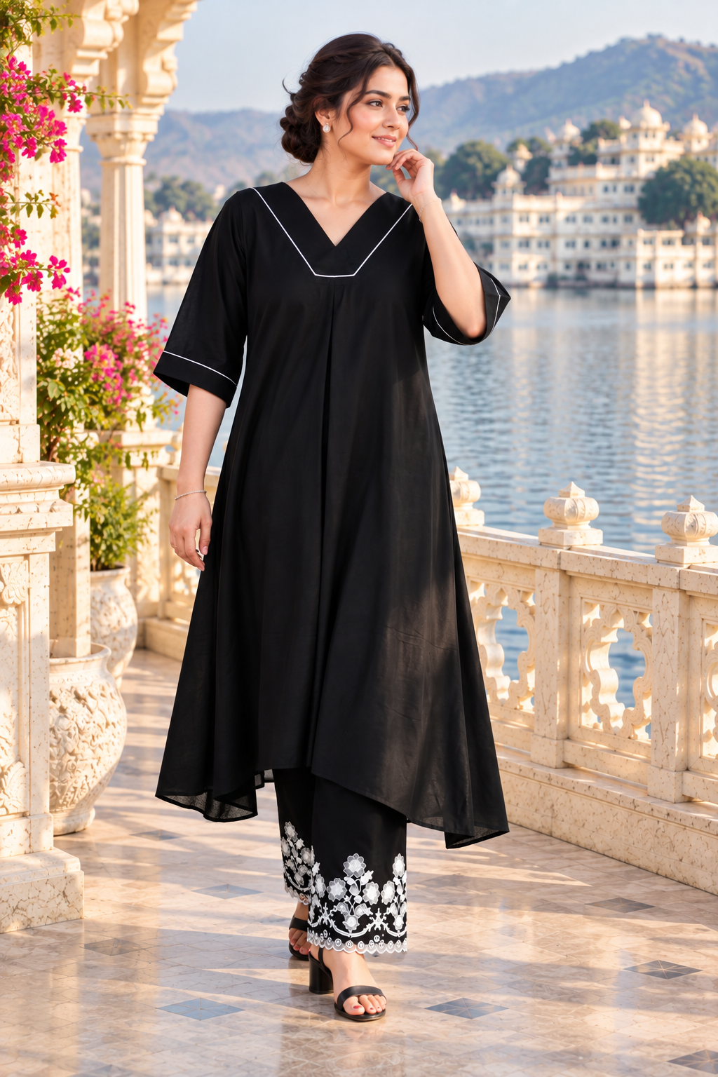 VedAarna Women Black Contrast Piping Flared Co-Ord Set with Embroidered Pants - View 4