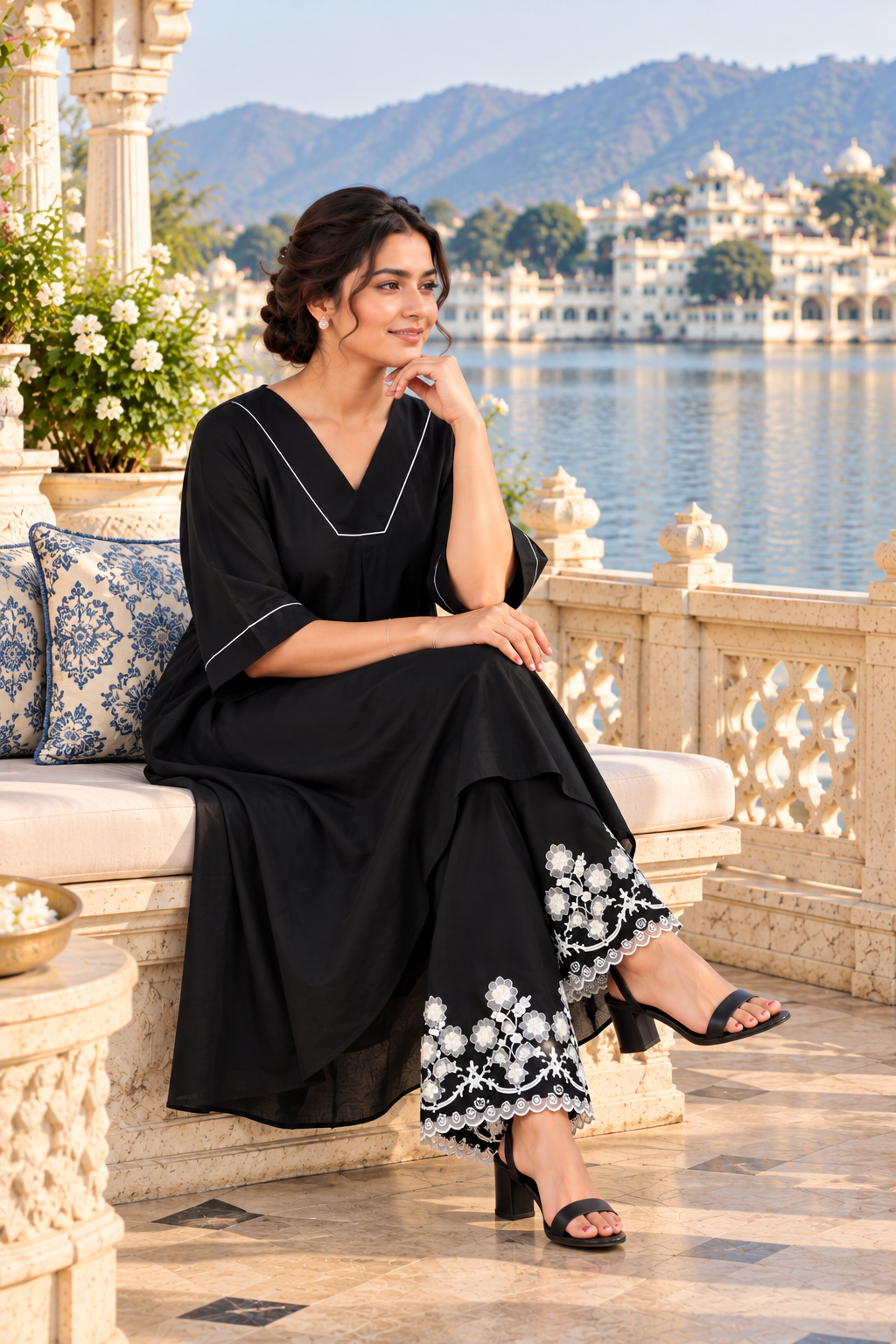 VedAarna Women Black Contrast Piping Flared Co-Ord Set with Embroidered Pants - View 6