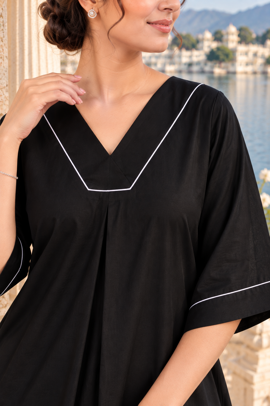 VedAarna Women Black Contrast Piping Flared Co-Ord Set with Embroidered Pants - View 7