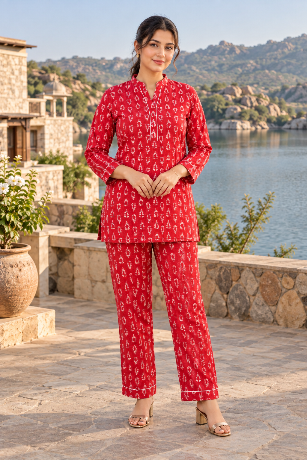 VedAarna Women Red & Ivory Printed Relaxed Co-ord Set