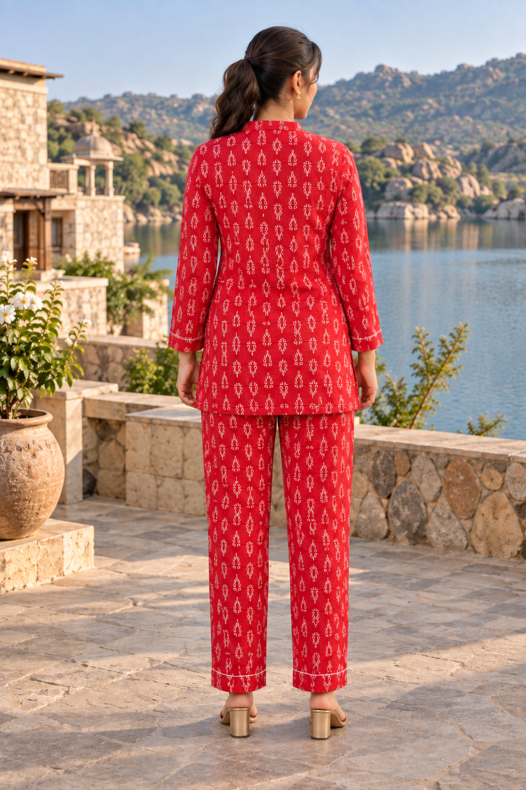 VedAarna Women Red & Ivory Printed Relaxed Co-ord Set - View 3