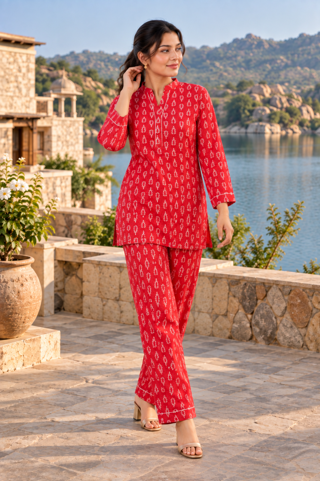 VedAarna Women Red & Ivory Printed Relaxed Co-ord Set - View 4