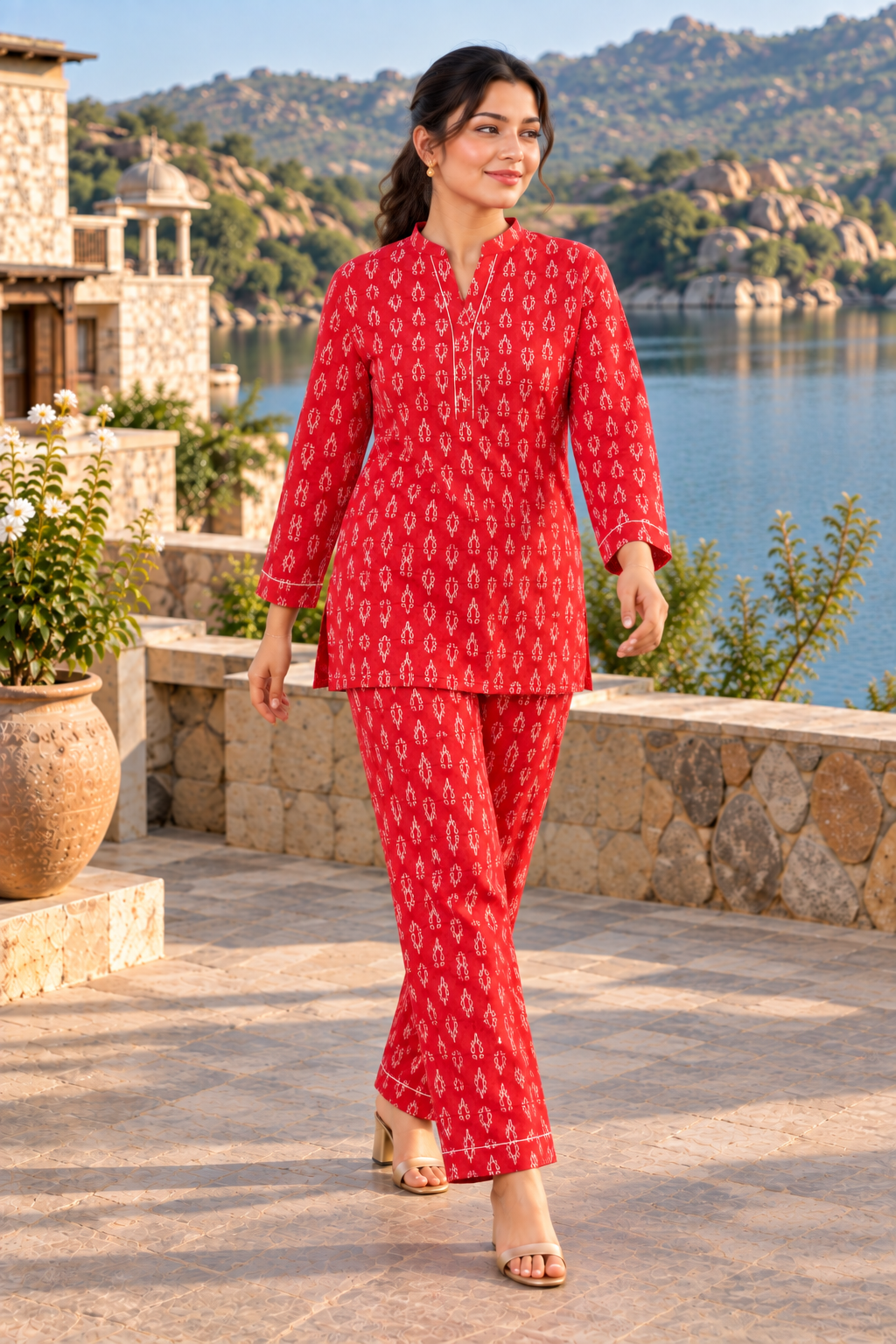 VedAarna Women Red & Ivory Printed Relaxed Co-ord Set - View 5