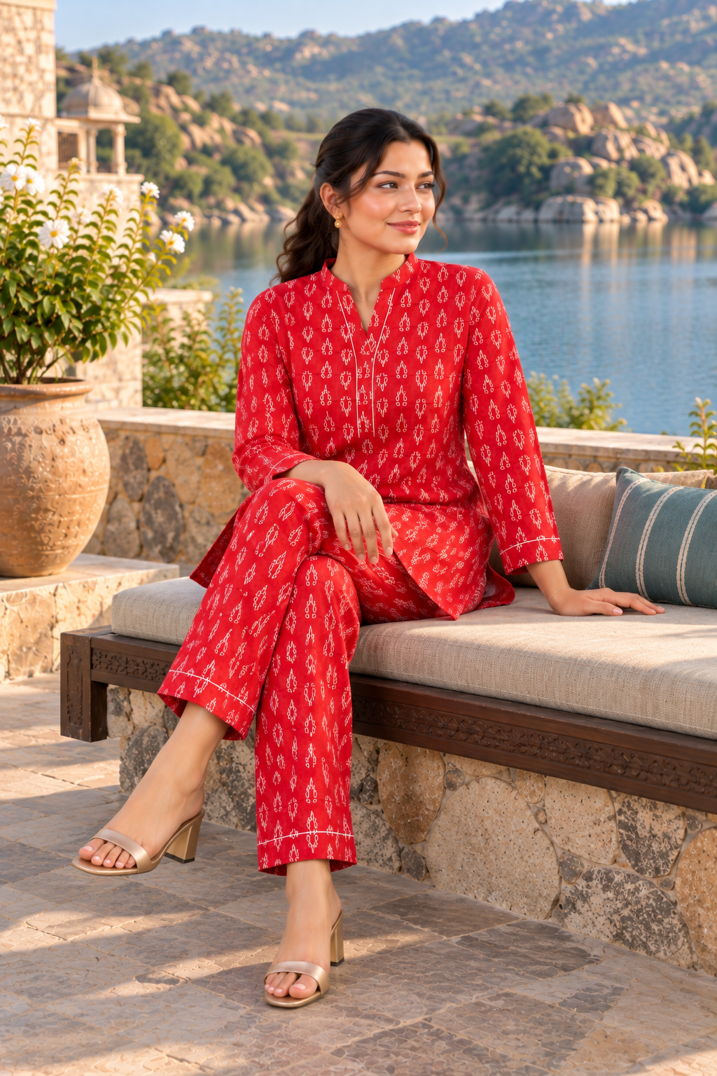 VedAarna Women Red & Ivory Printed Relaxed Co-ord Set - View 6