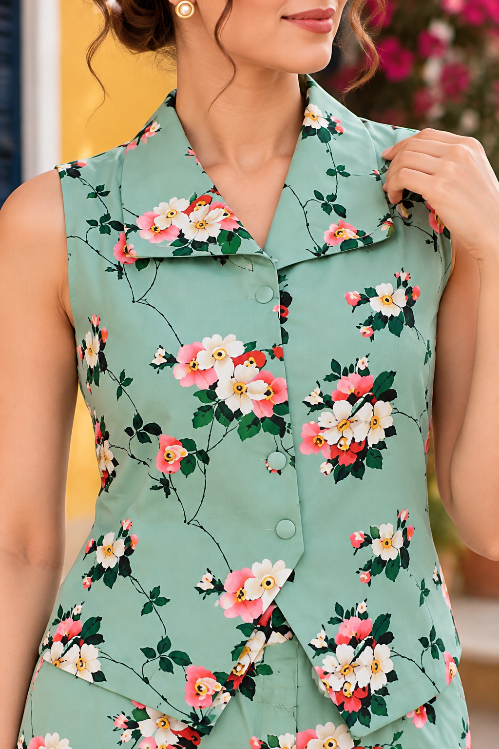 VedAarna Women Sage Green Floral Printed Sleeveless Waistcoat & Wide-Leg Trouser Co-ord Set - View 7