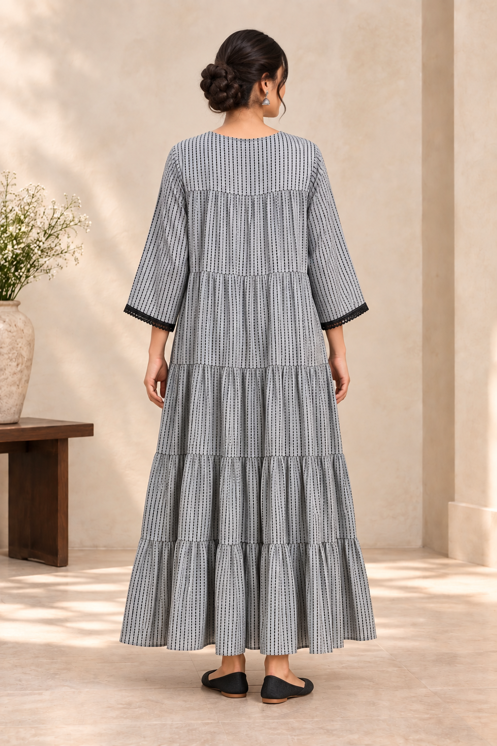 Grey & Black Micro Dot-Dash Geometric Cotton Maxi Dress - View 3