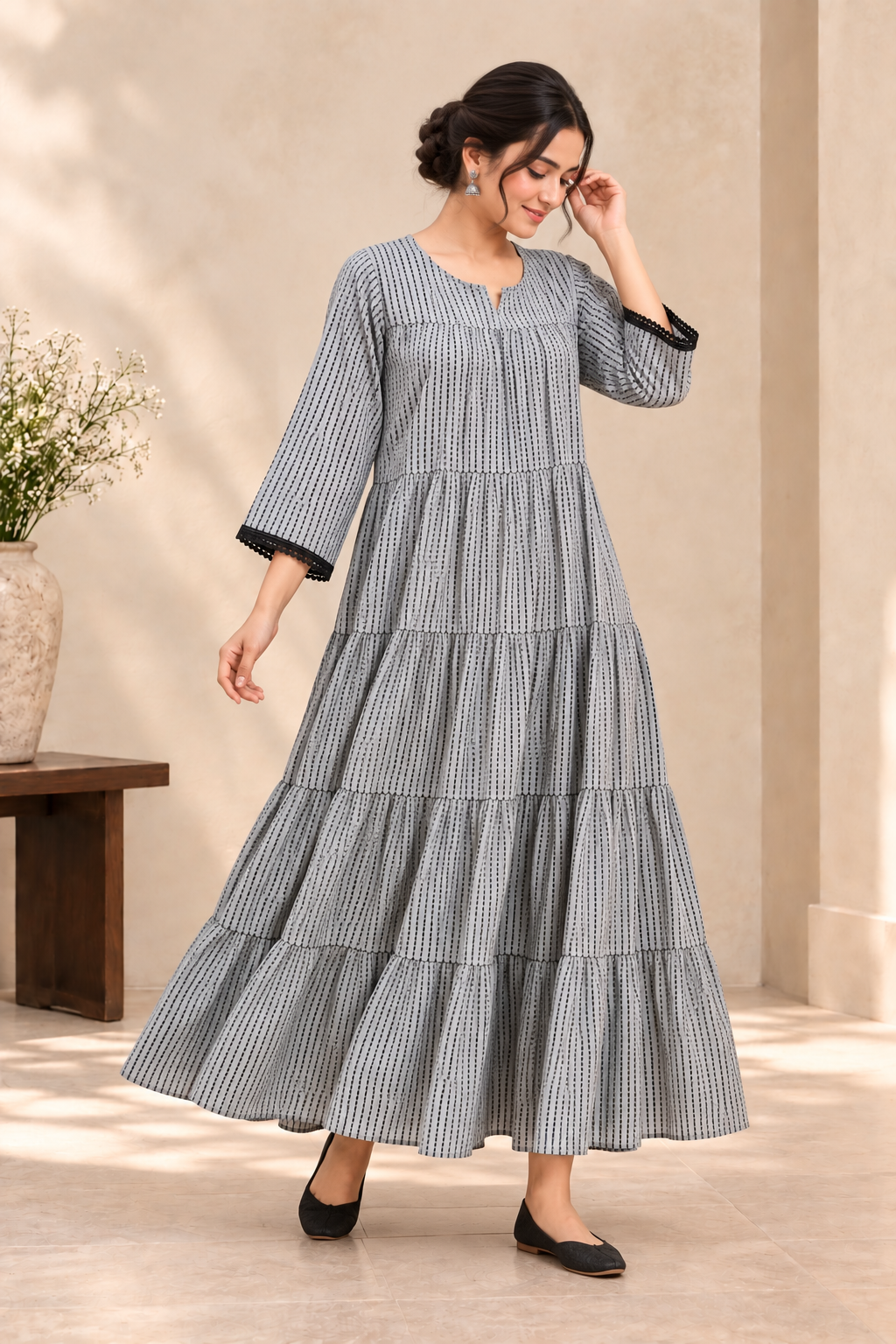 Grey & Black Micro Dot-Dash Geometric Cotton Maxi Dress - View 4
