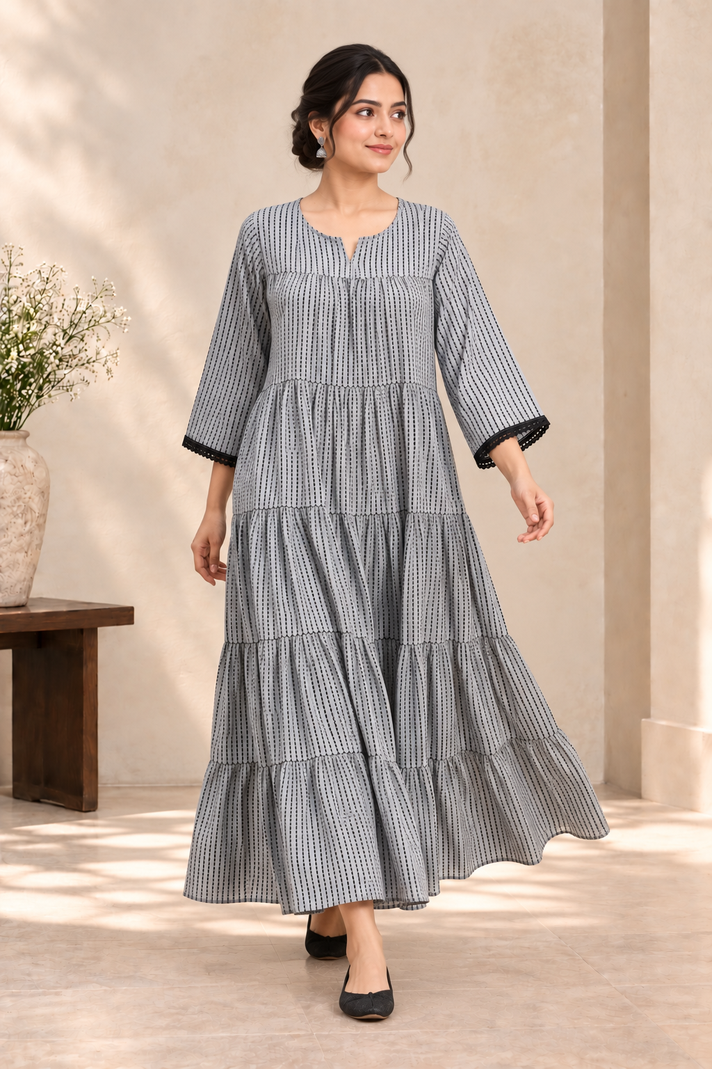 Grey & Black Micro Dot-Dash Geometric Cotton Maxi Dress - View 5