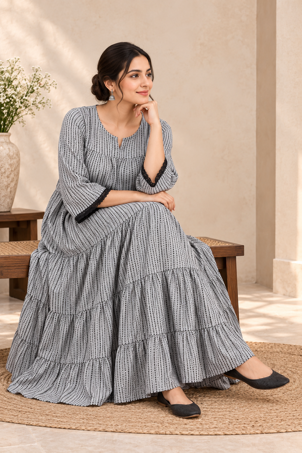 Grey & Black Micro Dot-Dash Geometric Cotton Maxi Dress - View 6