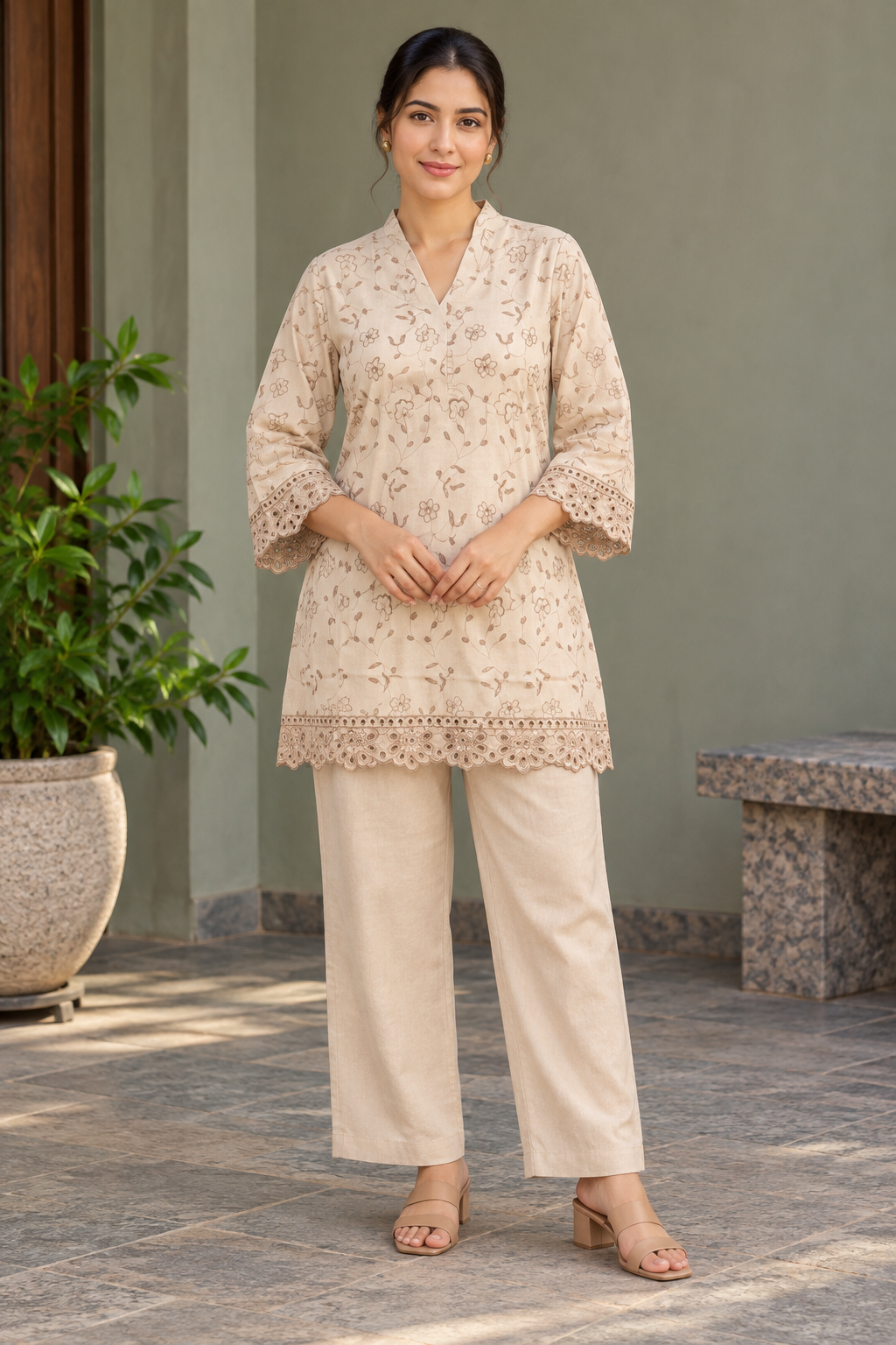 VedAarna Women Beige Floral Embroidered V-Neck Short Kurta & Trouser Set
