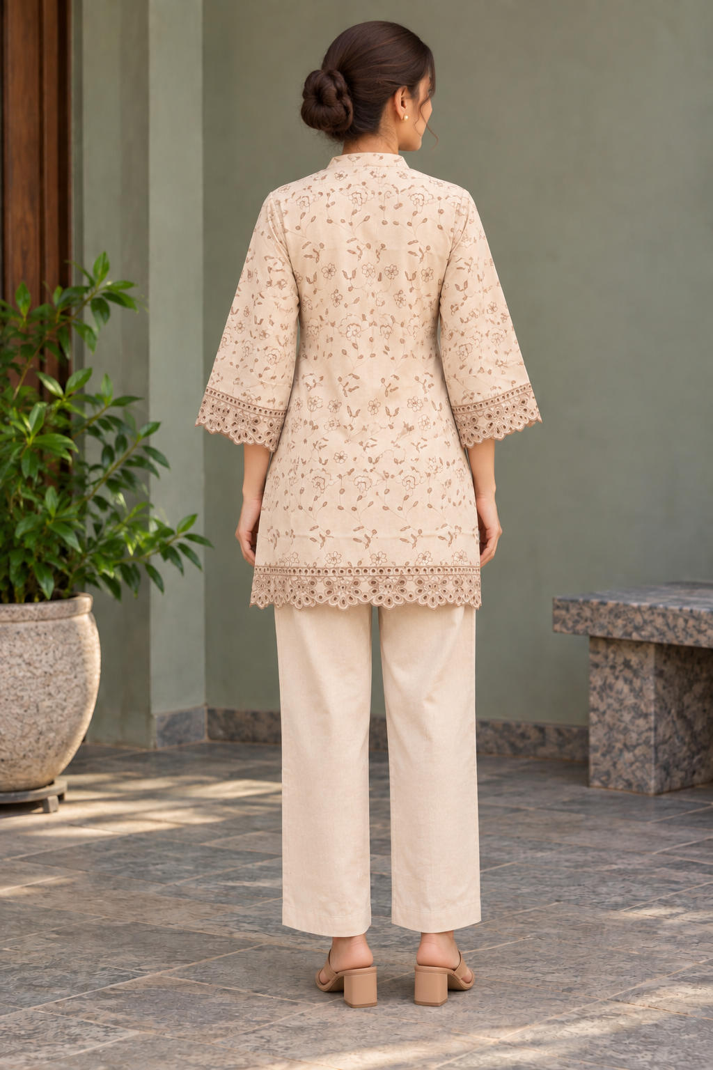 Beige Floral Embroidered V-Neck Short Kurta & Trouser Set - View 3