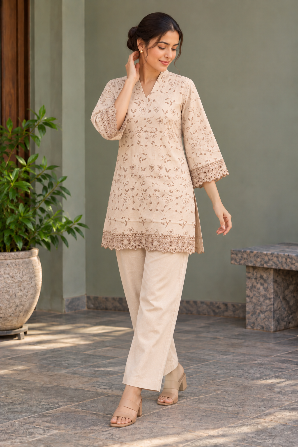 Beige Floral Embroidered V-Neck Short Kurta & Trouser Set - View 4