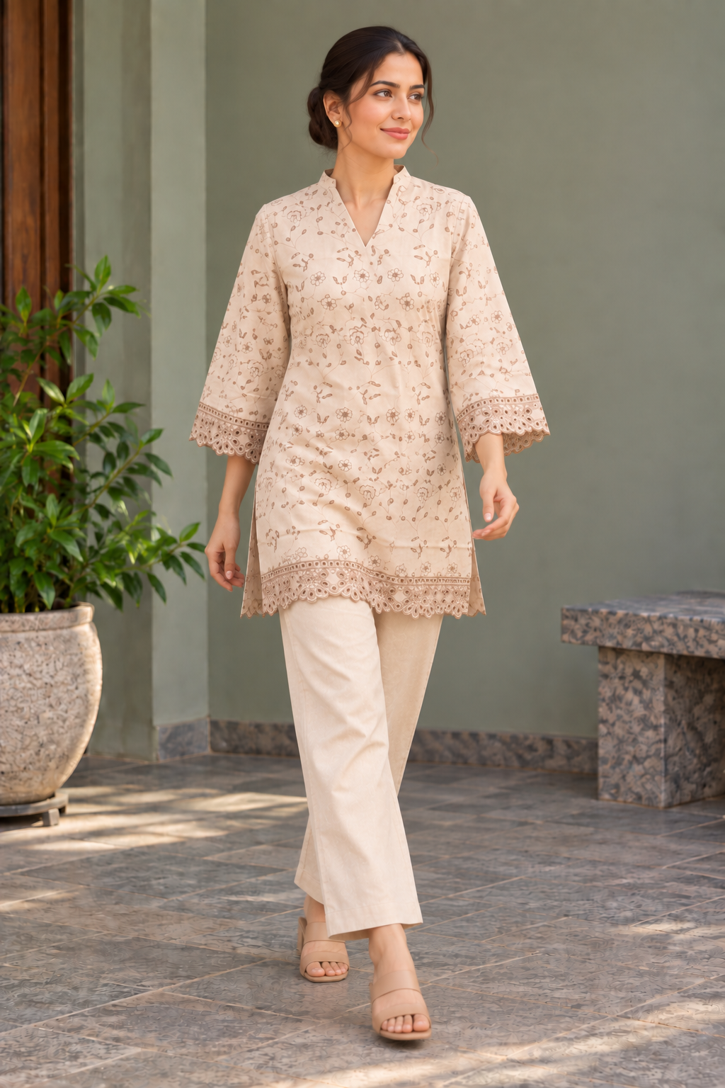 Beige Floral Embroidered V-Neck Short Kurta & Trouser Set - View 5