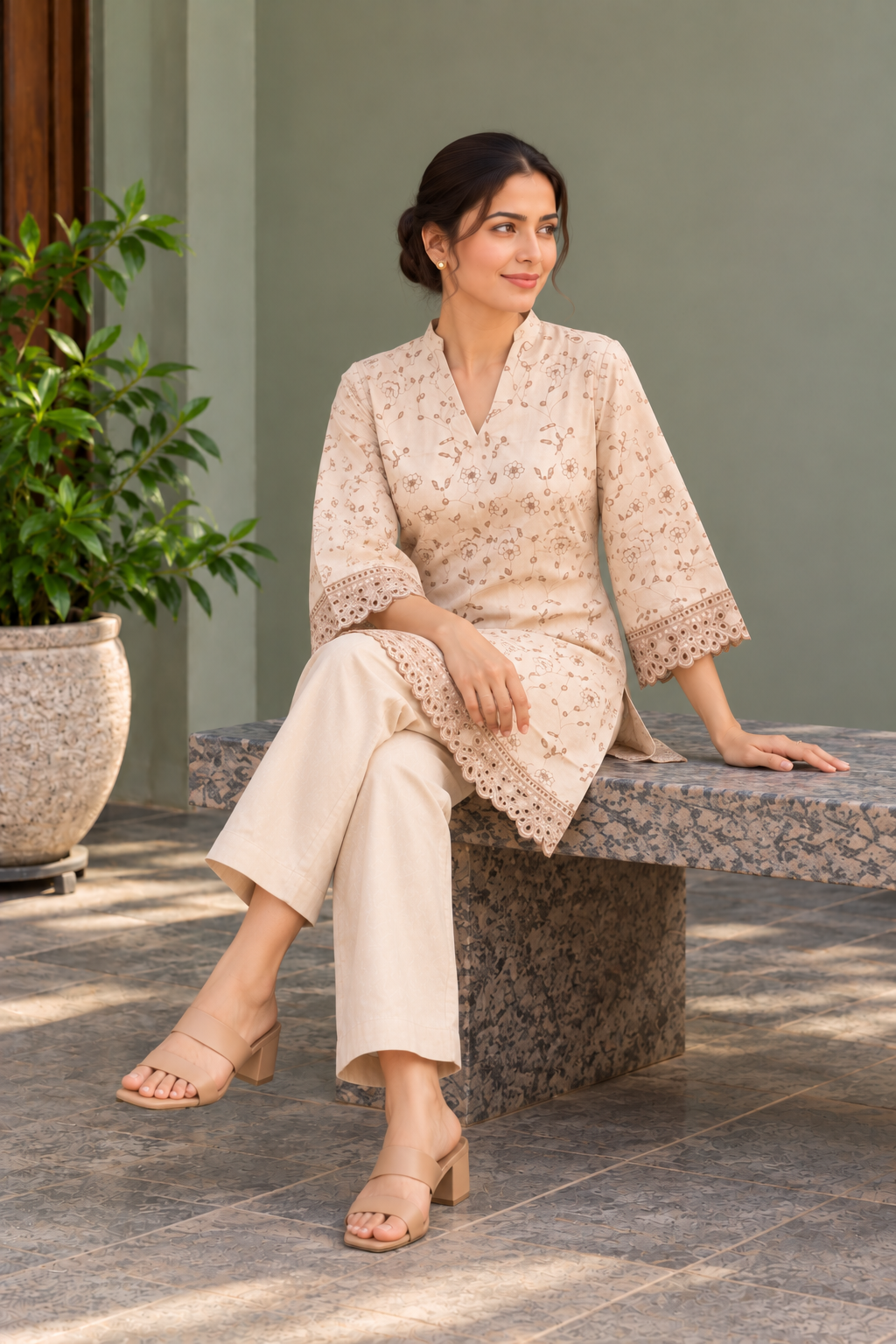 Beige Floral Embroidered V-Neck Short Kurta & Trouser Set - View 6