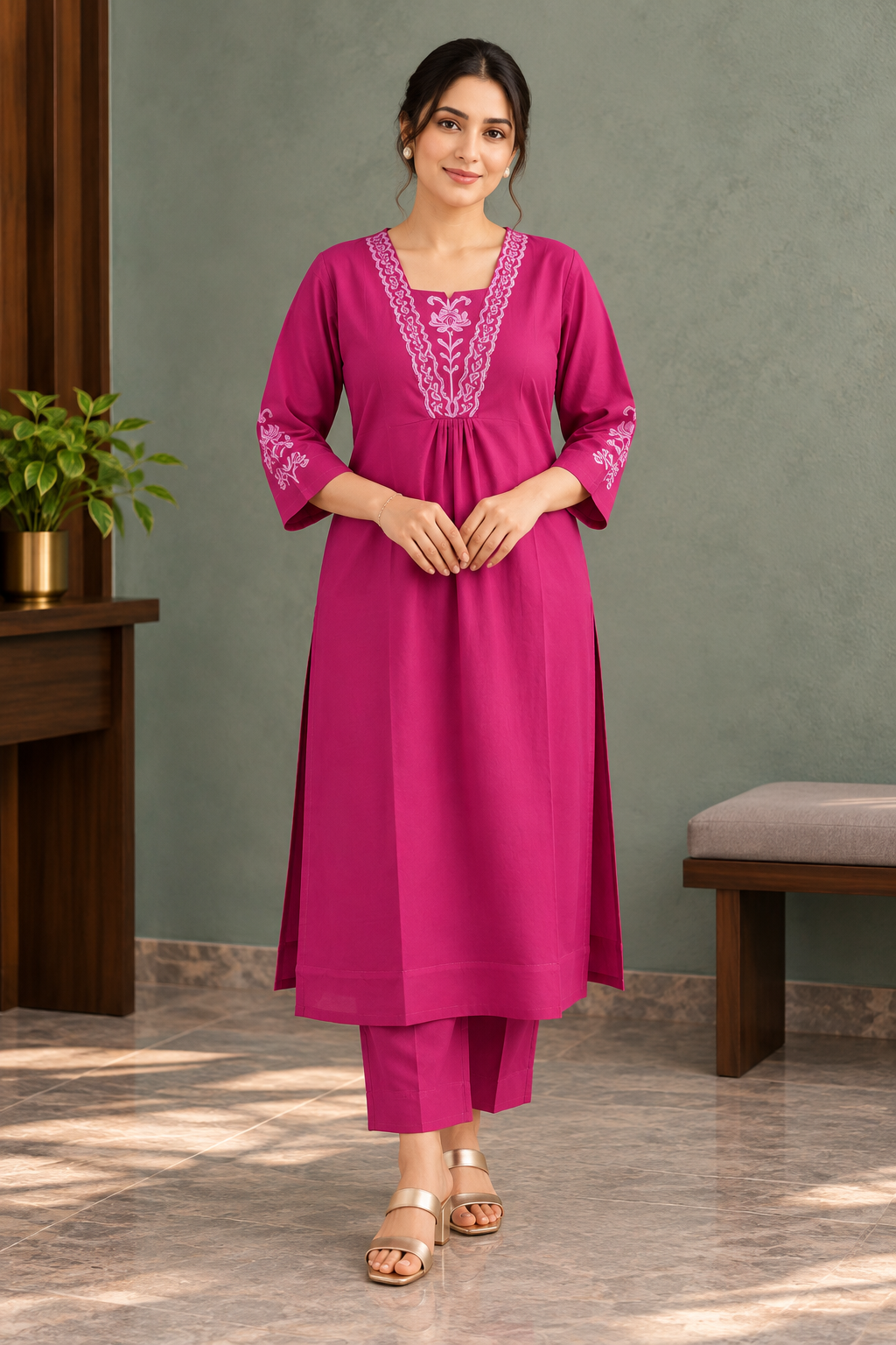 VedAarna Women Fuchsia Pink Floral Embroidered A-Line Kurta with Trousers