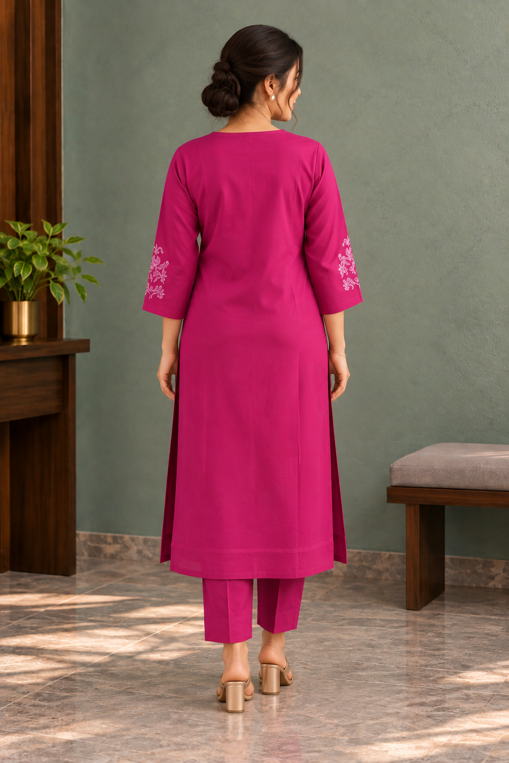 Fuchsia Pink Floral Embroidered A-Line Kurta with Trousers - View 3