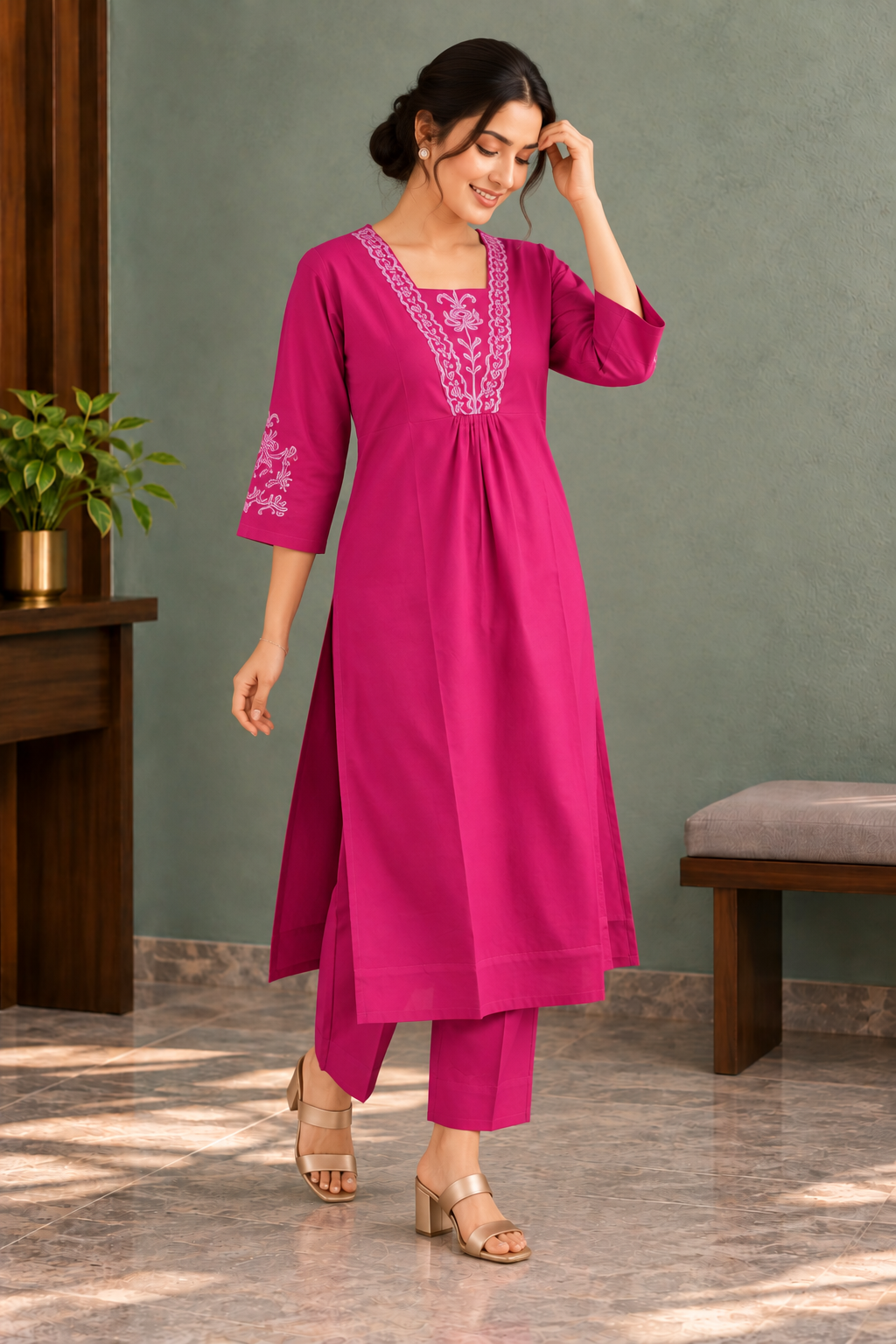 Fuchsia Pink Floral Embroidered A-Line Kurta with Trousers - View 4