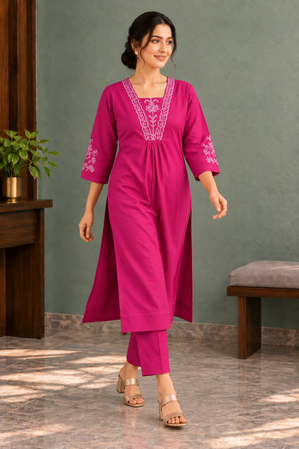 Fuchsia Pink Floral Embroidered A-Line Kurta with Trousers - View 5