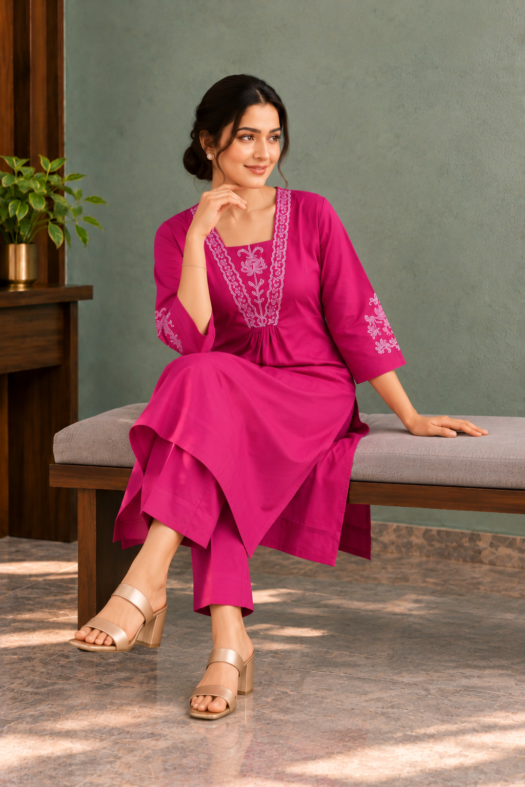 Fuchsia Pink Floral Embroidered A-Line Kurta with Trousers - View 6