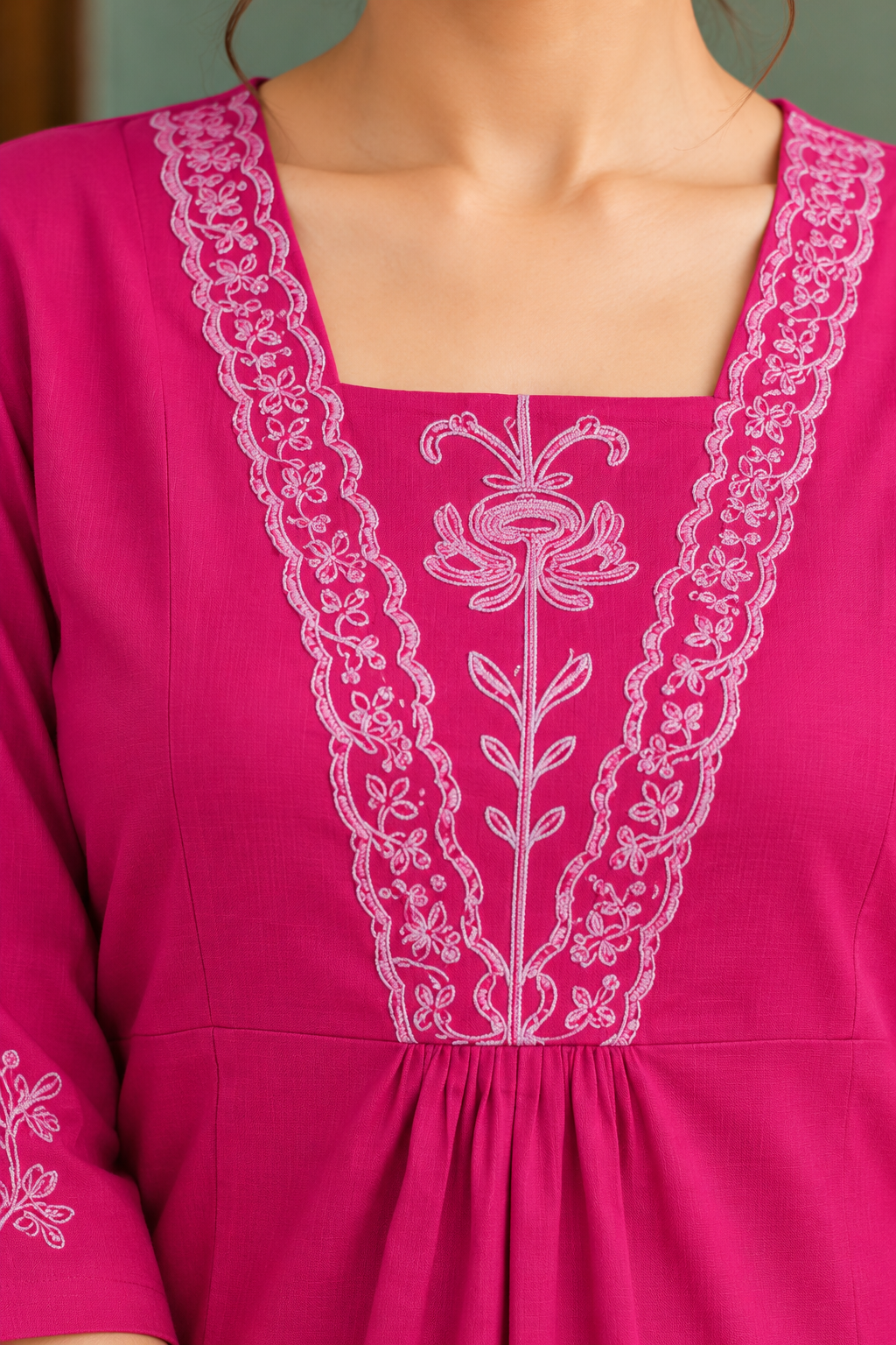 Fuchsia Pink Floral Embroidered A-Line Kurta with Trousers - View 8
