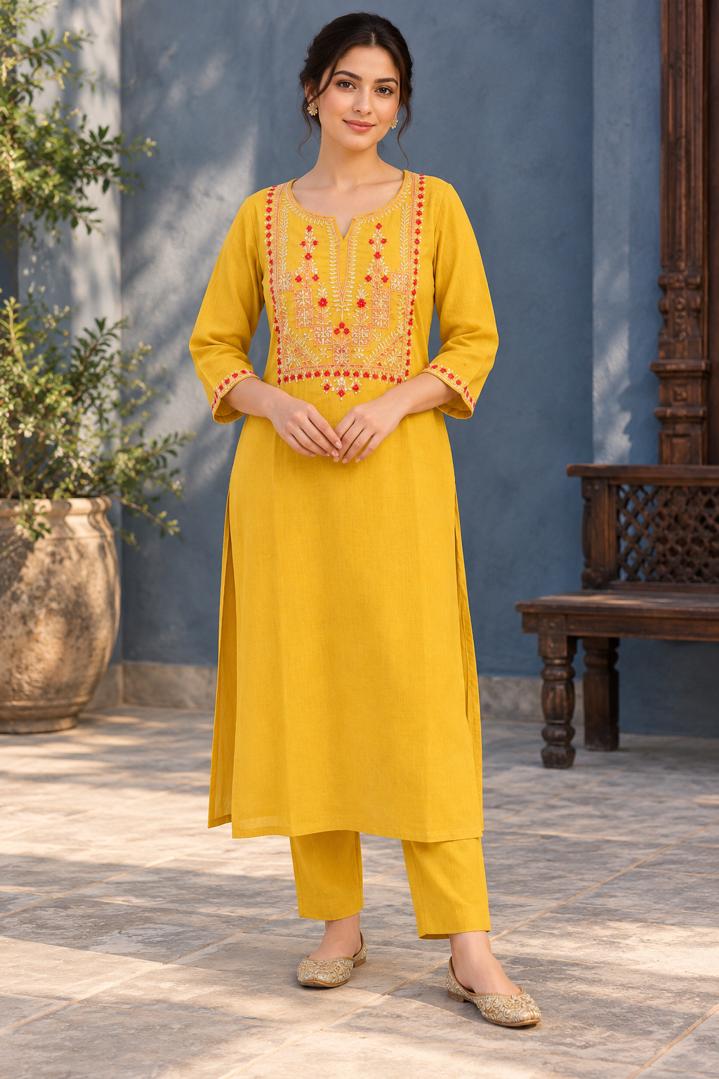 VedAarna Women Mustard Yellow Embroidered Straight Kurta with Trousers
