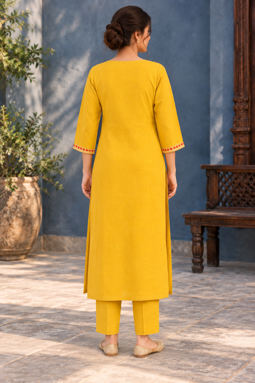 Mustard Yellow Embroidered Straight Kurta with Trousers - View 3