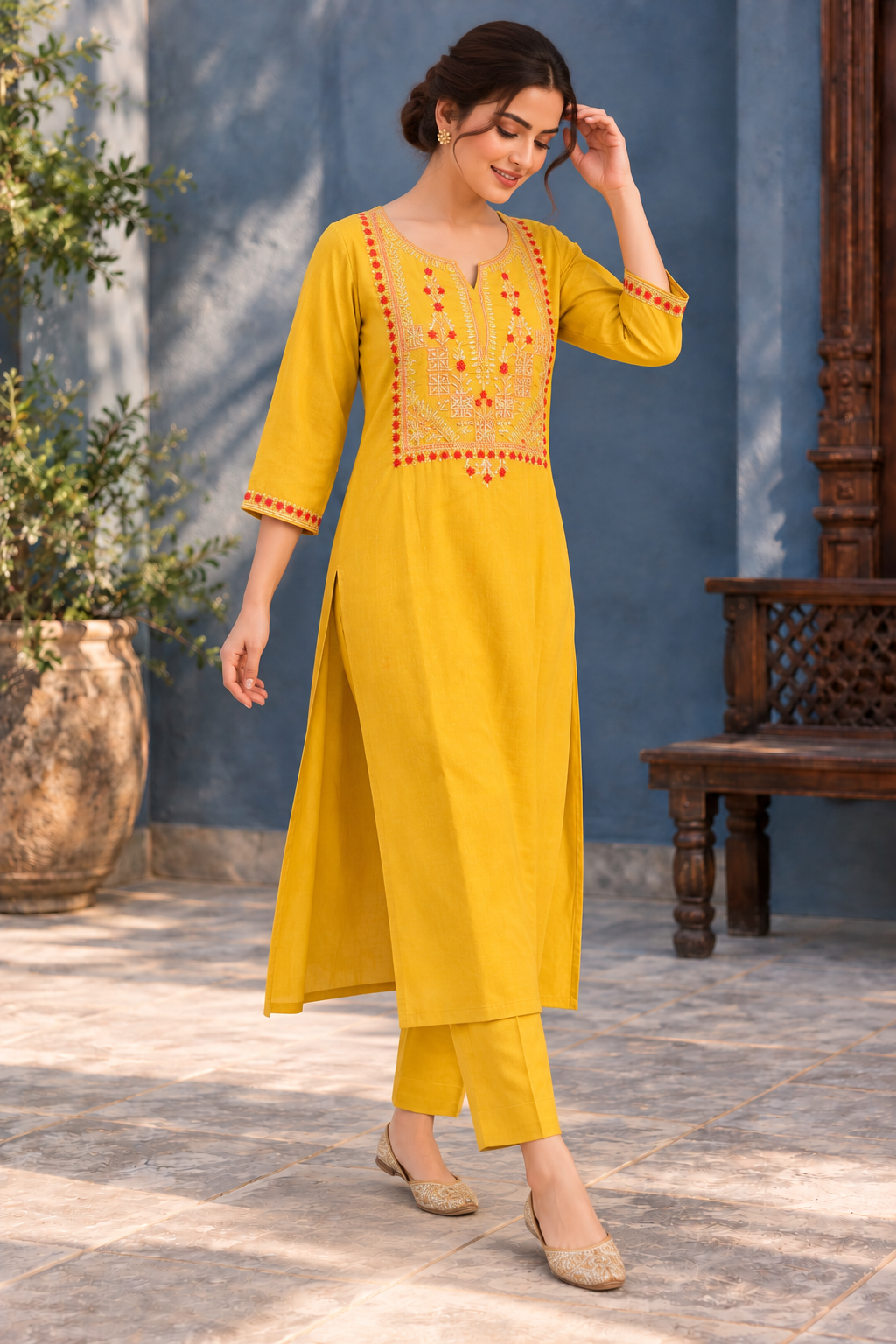 Mustard Yellow Embroidered Straight Kurta with Trousers - View 4
