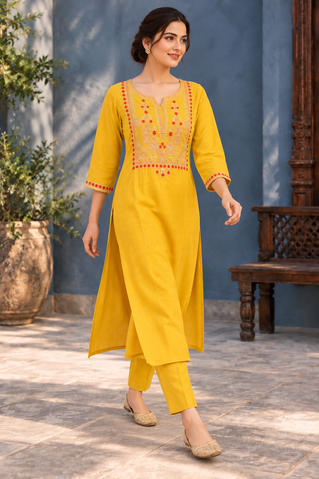 Mustard Yellow Embroidered Straight Kurta with Trousers - View 5