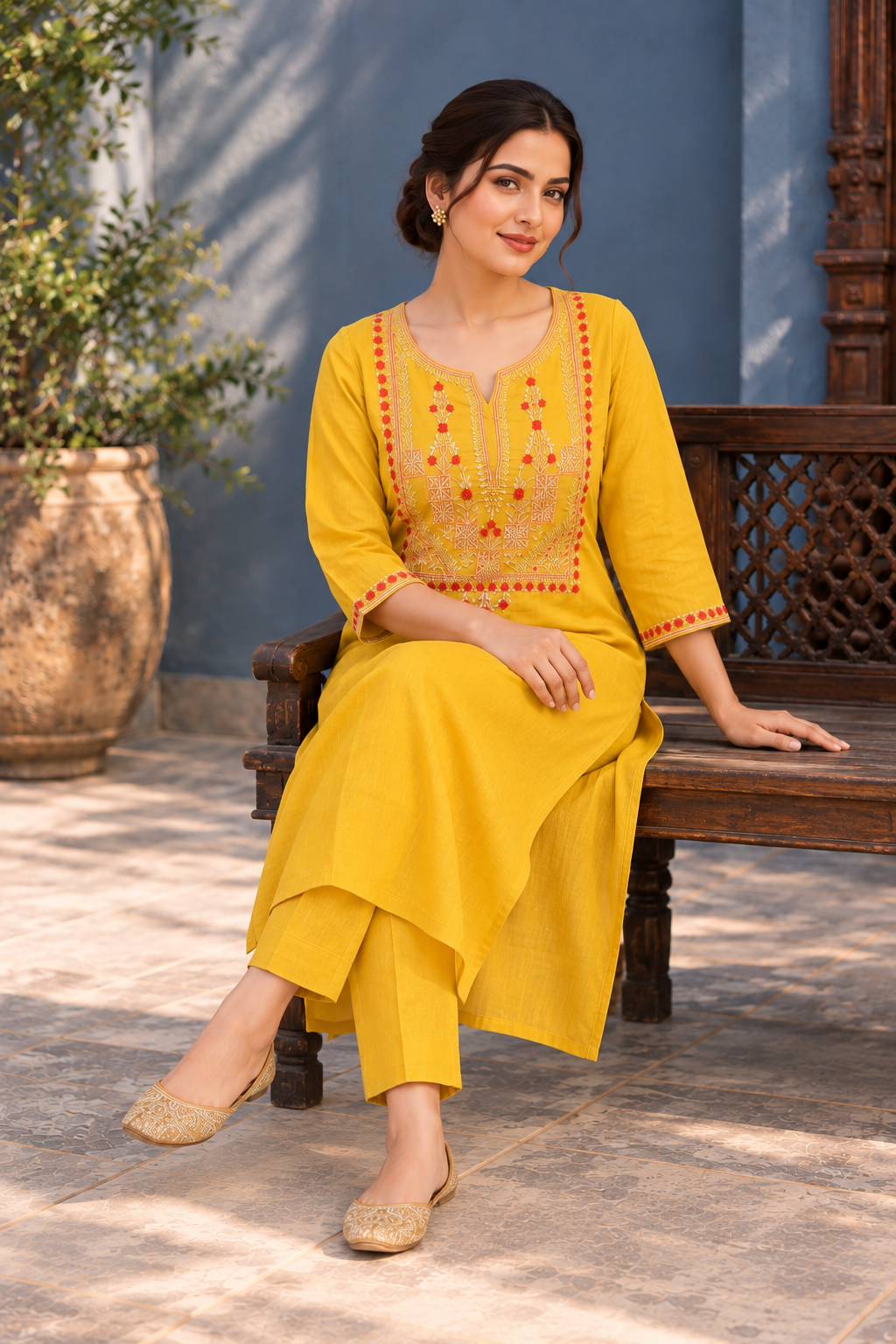Mustard Yellow Embroidered Straight Kurta with Trousers - View 6