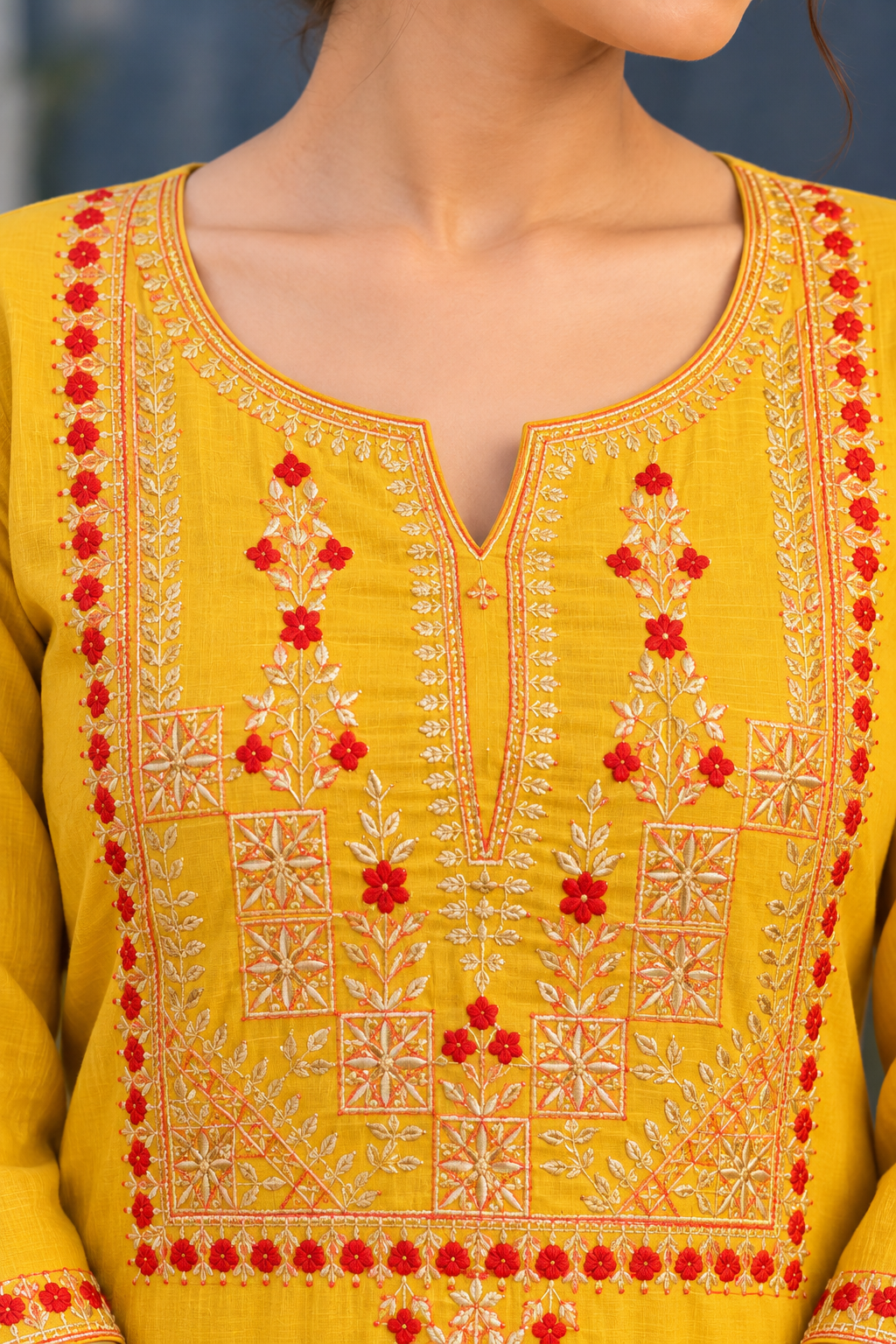 Mustard Yellow Embroidered Straight Kurta with Trousers - View 8