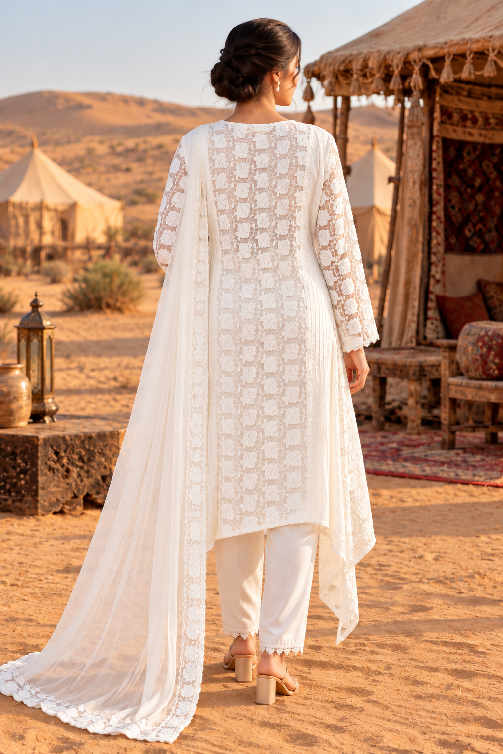 White Thread Embroidered Asymmetric Kurta Set with Trousers & Dupatta - View 3