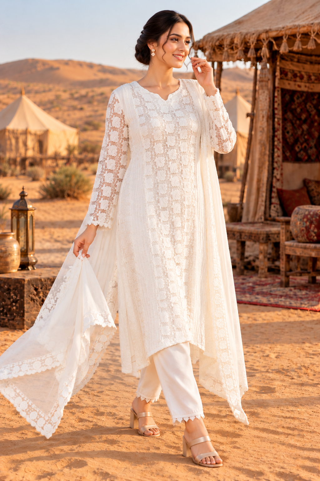 White Thread Embroidered Asymmetric Kurta Set with Trousers & Dupatta - View 4