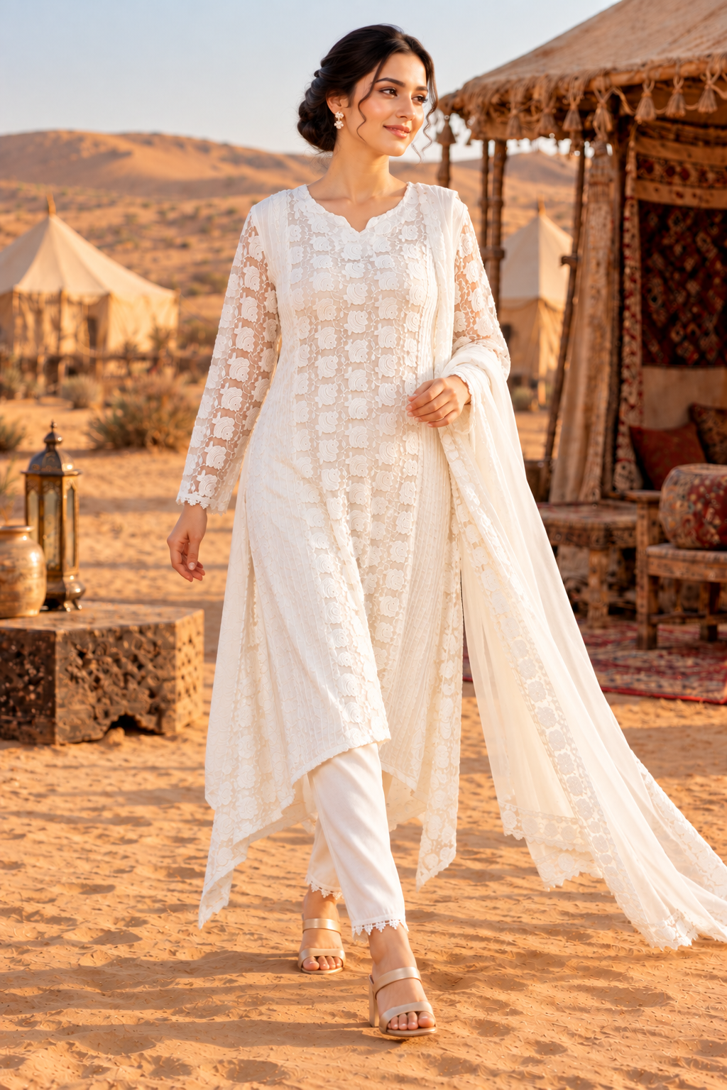 White Thread Embroidered Asymmetric Kurta Set with Trousers & Dupatta - View 5