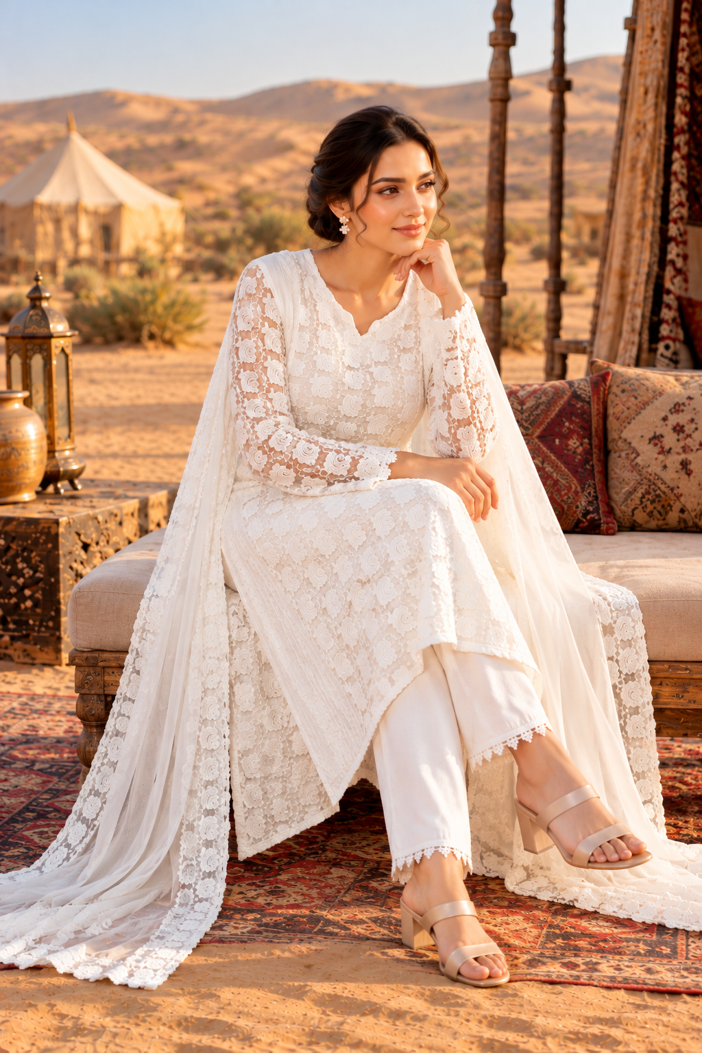 White Thread Embroidered Asymmetric Kurta Set with Trousers & Dupatta - View 6
