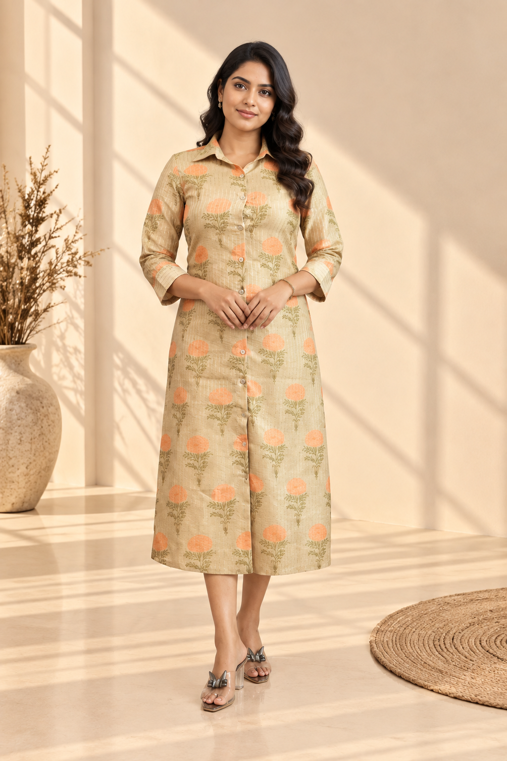 Beige Peach Floral Button-Down Midi Dress