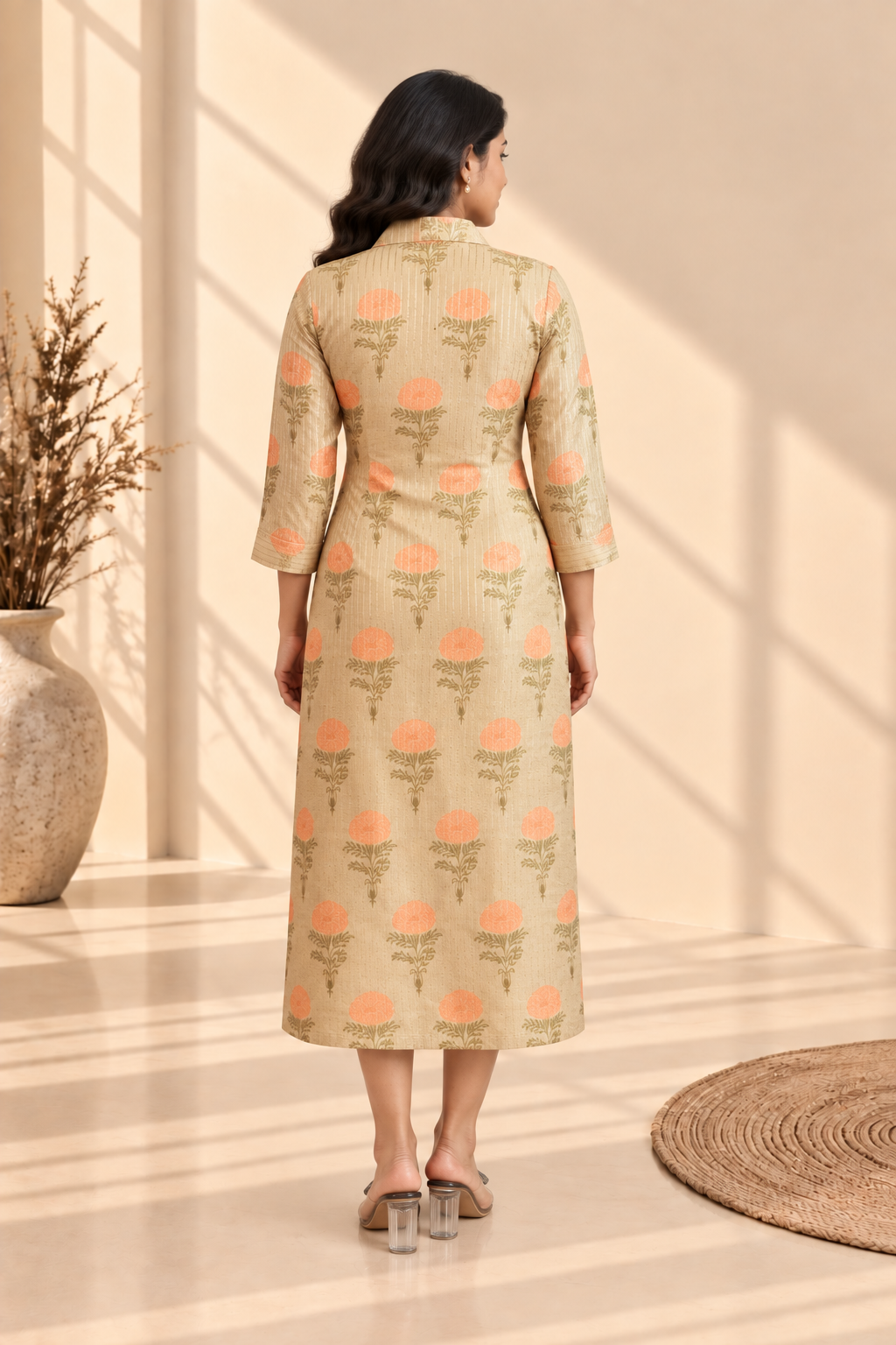 Beige Peach Floral Button-Down Midi Dress - View 3
