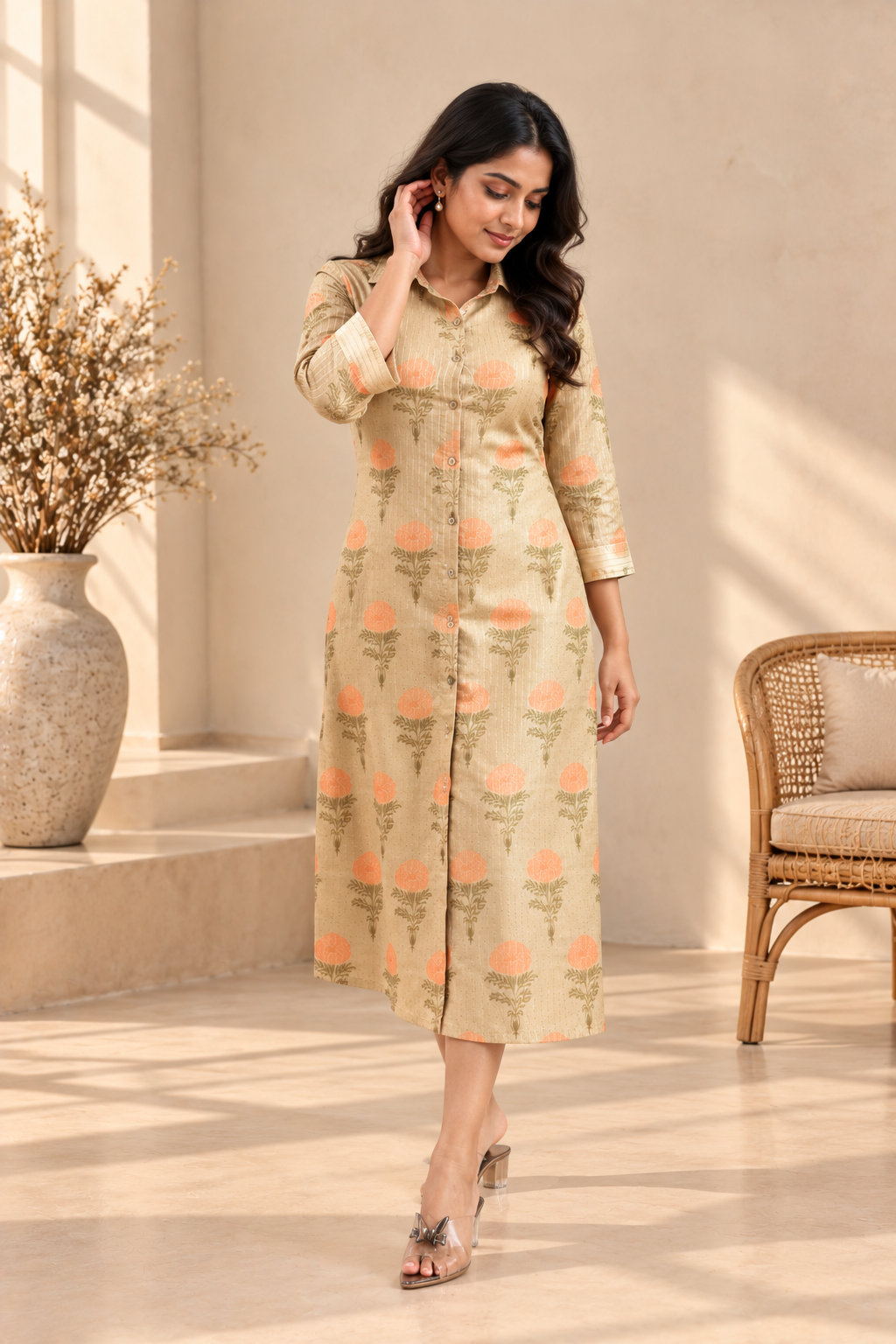 Beige Peach Floral Button-Down Midi Dress - View 4