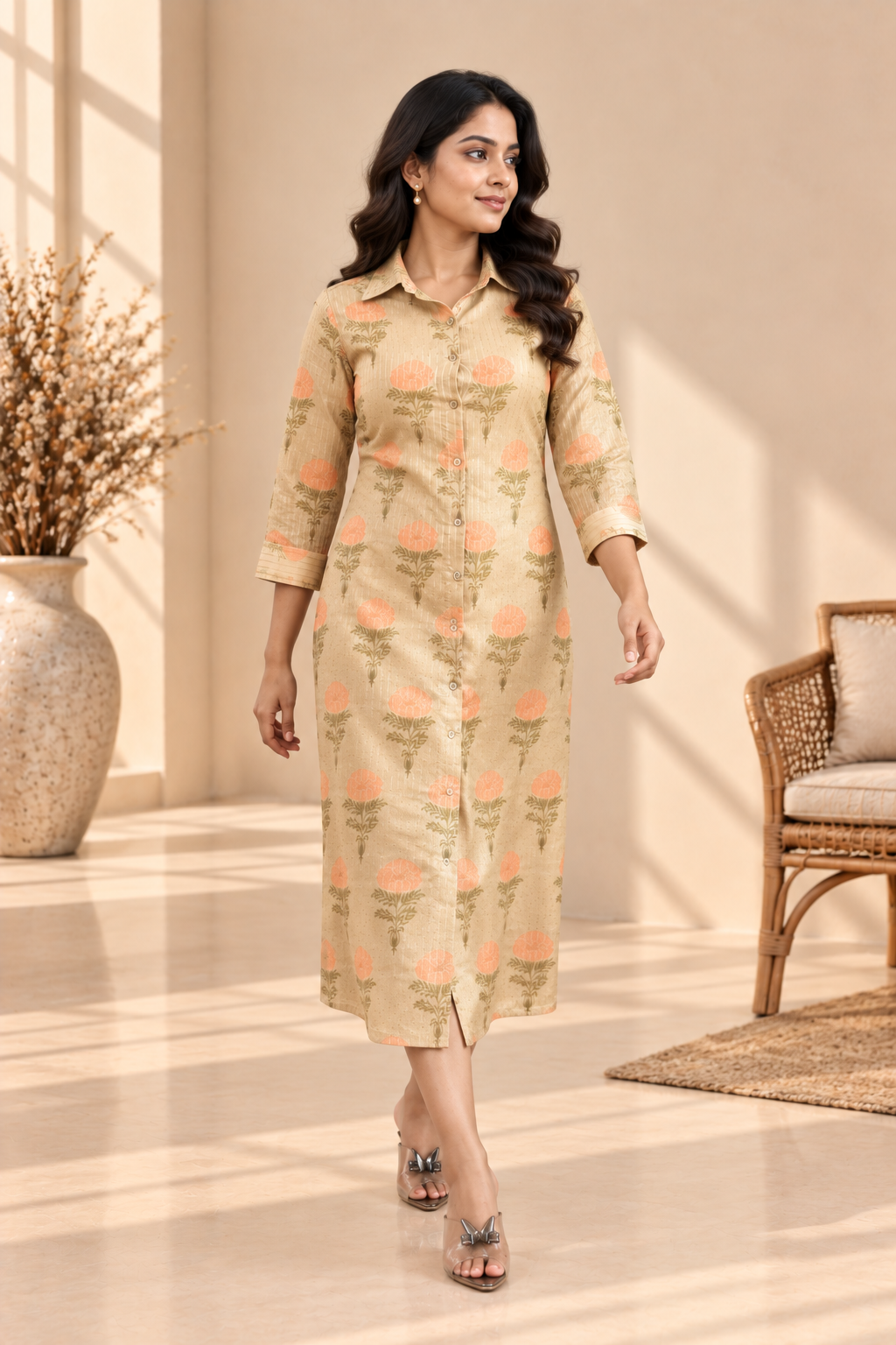 Beige Peach Floral Button-Down Midi Dress - View 5