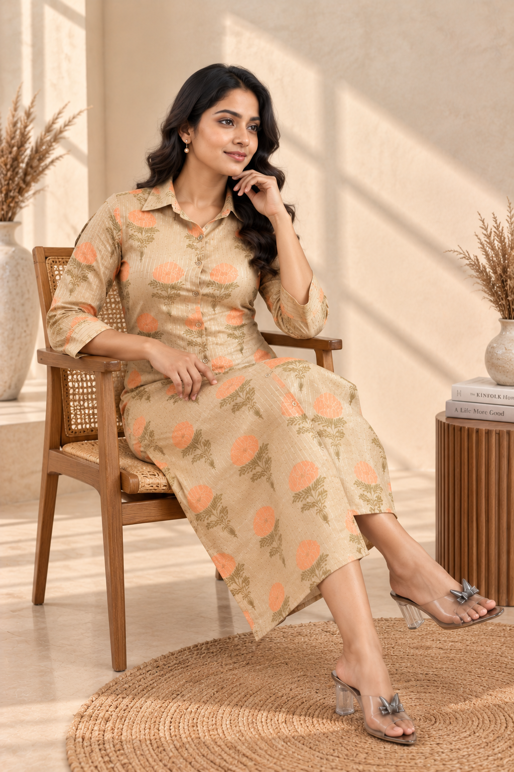 Beige Peach Floral Button-Down Midi Dress - View 6
