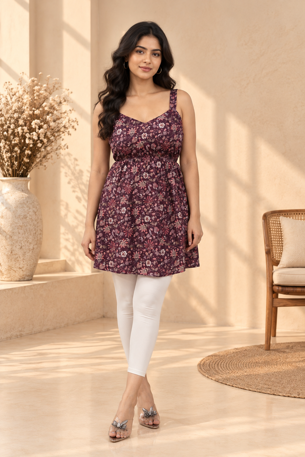 Wine Floral Print Back-Tie Short Dress