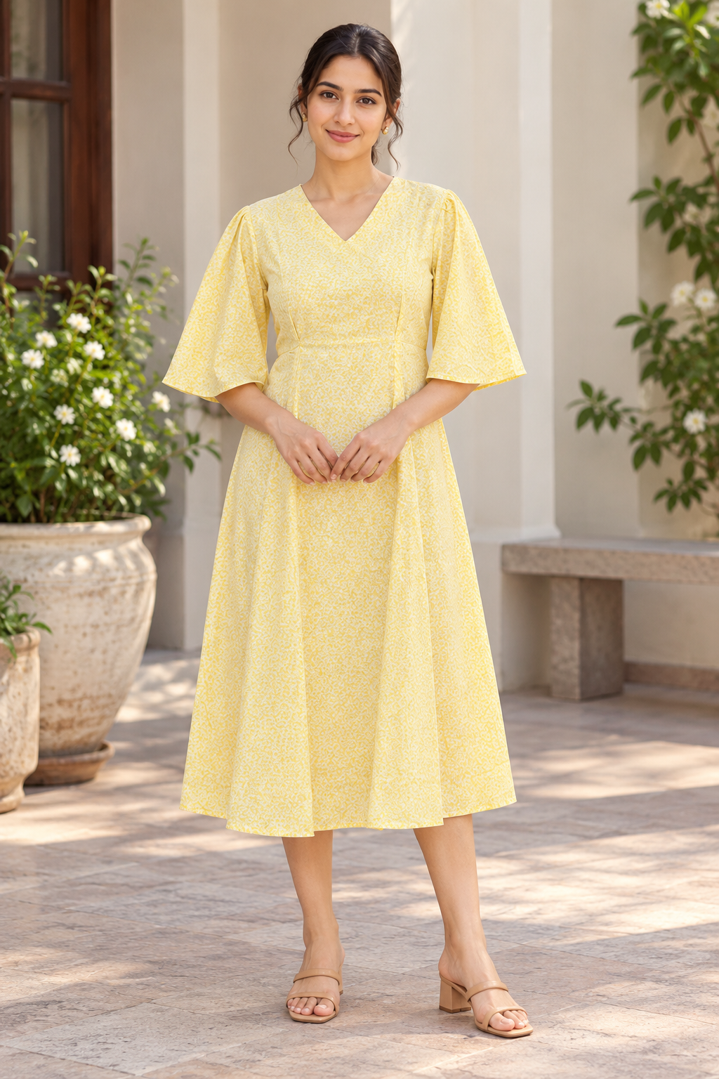 Pastel Yellow Ditsy Floral Print Flared Midi Dress